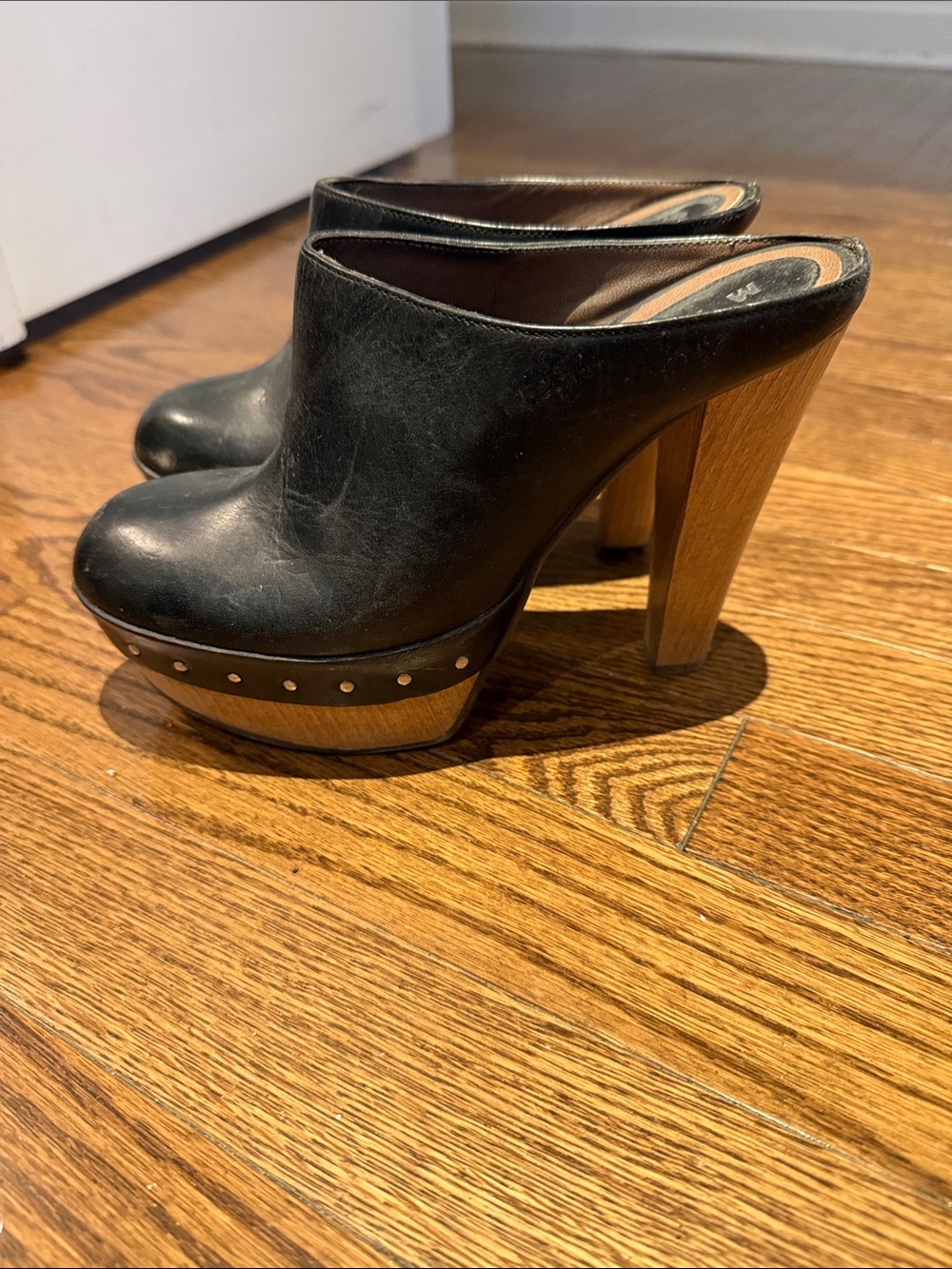 Black Leather Clog Mules with Wood Block Heel by Marni